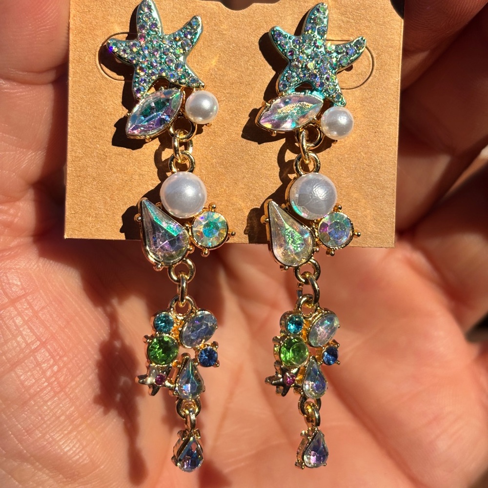 Starfish Dangle Earrings with Pearls and Crystals